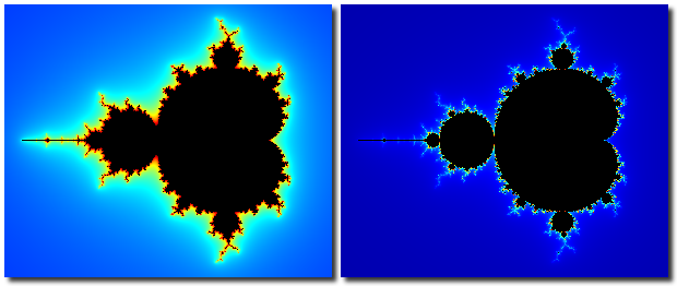 Mandelbrot set for N = 25 (left) and N = 250 (right) with R = 100.